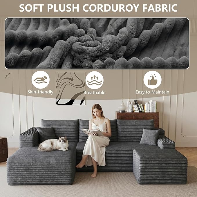 95 Cloud Sectional Couch with U-Shaped Chaise Corduroy Sectional Sofa with Ottoman Boneless Couch with Deep Seat for Living Room No Assembly Required (Dark Grey Left Facing Chaise)