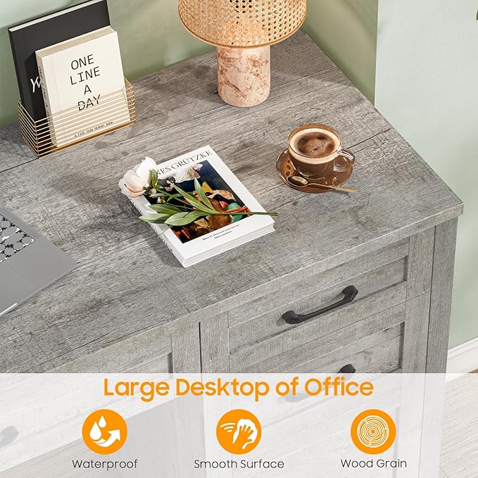 Vabches Farmhouse 47 Executive Desk with 4 Drawers Computer Desk with File Drawer and Charging Station Workstation for Home Office Study.（Grey）