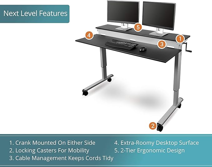 S STAND UP DESK STORE Crank Adjustable 2-Tier Standing Desk with Heavy Duty Steel Frame (Silver Frame/Black Top 48 inch Wide
