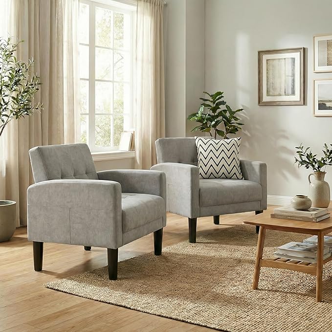 TYBOATLE Accent Chair Sets of 2 Living Room Chairs Cozy Tufted Mid Century Modern Chairs with Arms for Bedroom Comfy Reading Arm Chair Small Chairs for Small Spaces Living Room Office (2 Light Grey)