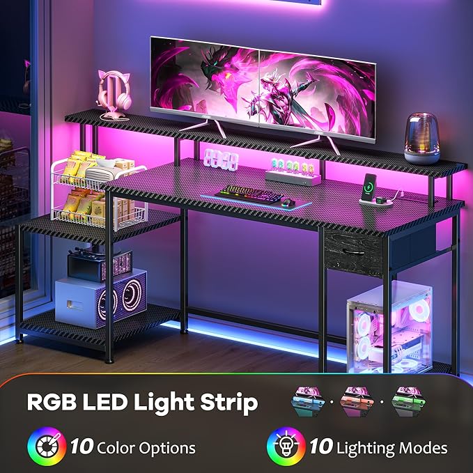 55 Inch Gaming DeskComputer Desk with LED &amp Power OutletOffice Desk with Printer Storage Shelves &amp Storage DrawerStudy Table with Monitor ShelfDorm Room EssentialsBlack