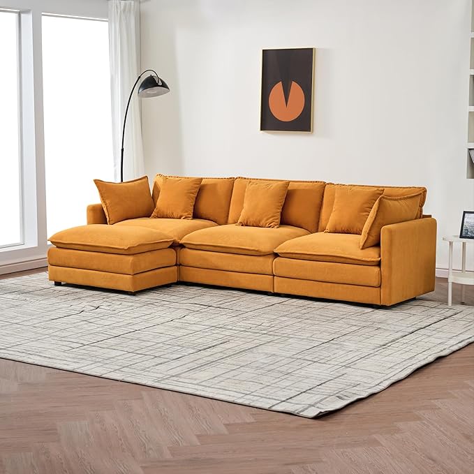 Modular Convertible Sectional Couch L-Shaped 4 Seat Sofa with Reversible Chaise Deep Seat Cloud Couch Sleeper Sofa Bed Chenille Fabric with Pillow for Living Room Bedroom and Apartment
