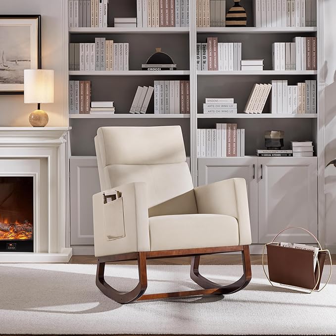 Yaheetech Rocking Living Room Chair Upholstered Glider Chair with Side Pocket Modern Accent Chair with High Back Comfy Armchair for Living Room Bedroom Lounge Nursery Beige