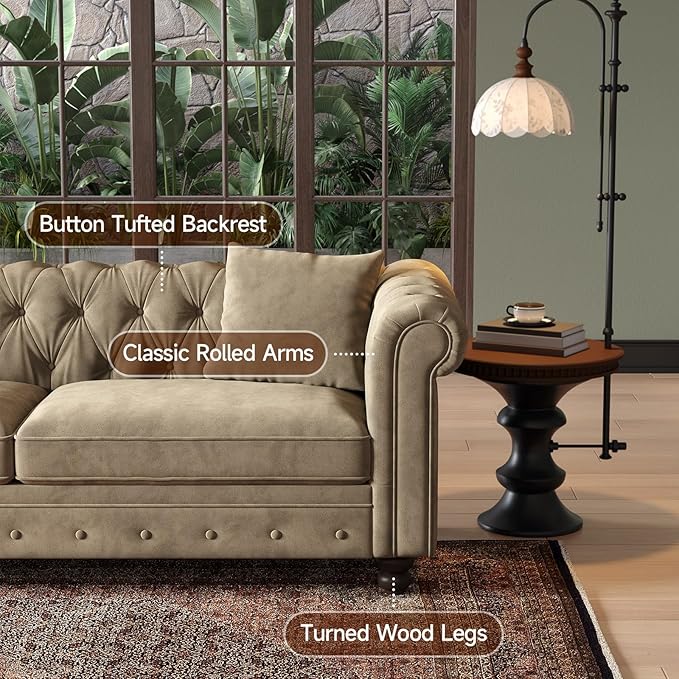 ONBRILL 82 Inch Chesterfield Sofa 23 Inch Deep Seat Velvet Couch for Living Room Button Tufted Couch with Rolled Arms 2 Throw Pillows Comfy Vintage Loveseat Sofa for Apartment Taupe