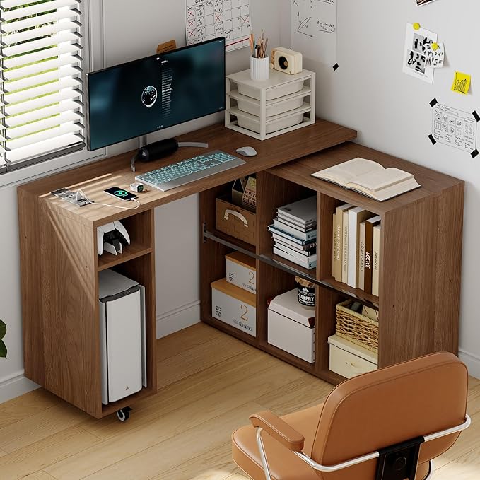 L-Shaped Desk with Storage–Small Study Table with Charging Station Rotating Writing Desk &amp Corner Computer Desk for Home Office 67” Long Bed Side Table（Oak）