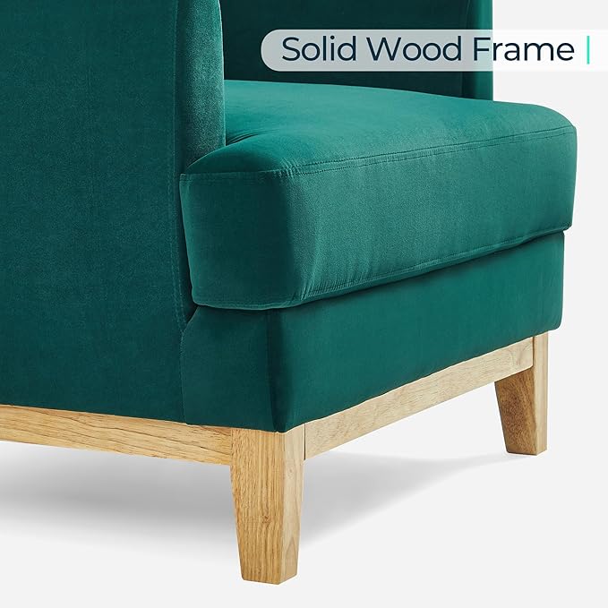 LINSY Accent Chair Large Reading Chair with Rubberwood Base Mid Century Modern Armchair with Lumbar Pillow Cozy Single Sofa Chair for Living Room Bedroom Office Study Velvet Arm Chair Green