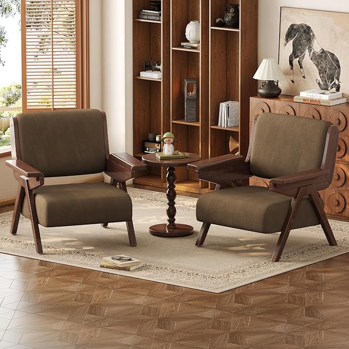 Accent Chair Mid Century Modern Chair Velvet Upholstered Lounge Arm Chair with Solid Wood Cozy Reading Chair for Living Room Bedroom Balcony (Coffee Single Chair)