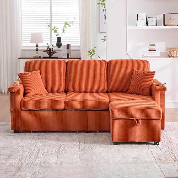 76.8 L-Shaped Sleeper Sofa with Storage Ottoman USB Ports Cup Holders&ampLED Lights Side Pockets Comfy Corduroy Modern 3-Seater Small Couch Bed for Living Room with 2 Throw Pillows (Orange)