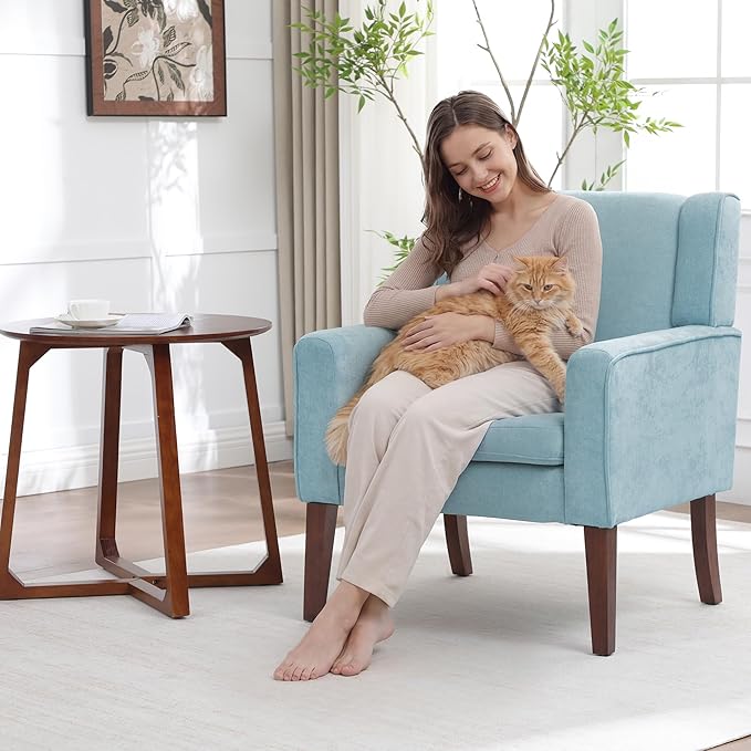 Accent Chairs Set of 2 Mid-Century Reading Chair with Wood Legs Upholstered Comfy Living Room Chair for Bedroom Apartment Waiting Room Light Blue