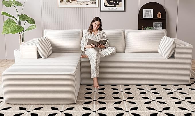 106 Cloud Sectional Boneless Couches for Living Room Modular L Shaped Couch with Deep Seat Oversized Left Facing Chaise Memory Foam Compressed Spineless 3 Seater Sofa for Bedroom Apartment Beige