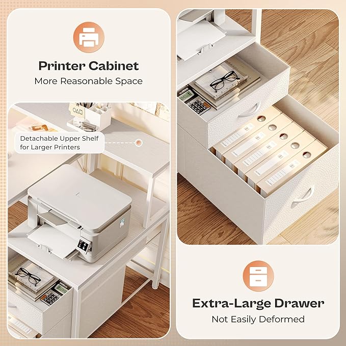 PRAISUN 66 L Shaped Gaming Desk with LED Lights &amp Power Outlets Computer Desk with Fabric Drawers and Print Stand Corner Office Desk Monitor Stand Mesh CPU Stand White