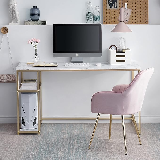 ivinta Computer Desk Home Office Desk with Storage Shelves for Living Room Bedroom Office Whale-ML55 (White and Gold 55)