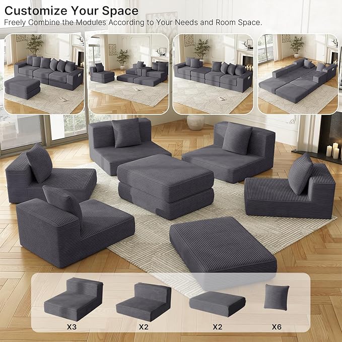 102 Sectional Couches for Living RoomCustomizable Boneless Couch Convertible Modular Sectional Sofa Bed Plush Corduory Sleeper Sofa Folding Futon L Shaped Couch No Assembly(Grey)