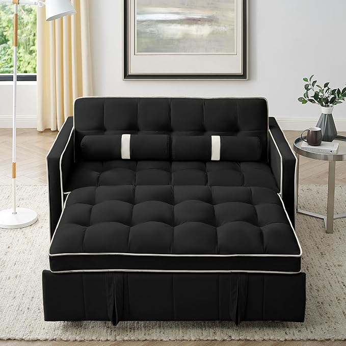 3-in-1 Convertible Sleeper Sofa Bed55.5 Modern Tufted Velvet Pull Out Couch BedFuton Small Love Seat Sofa with Adjustable Backrest&ampCylinder Pillows for Living RoomApartmentSmall Places(Black)