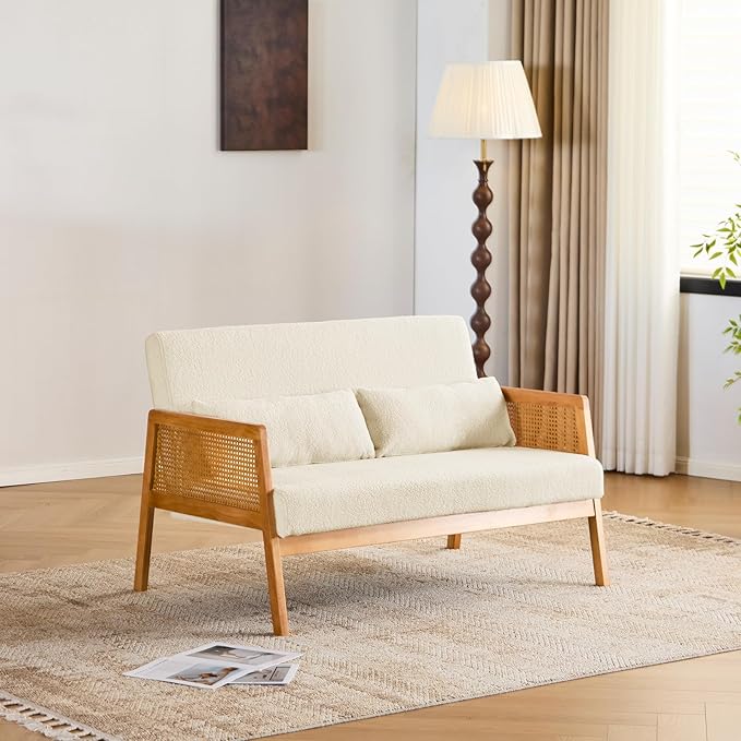 Furnimart 4ft Small Loveseat 48 Modern Rattan Settee 2-Seater Sofa with Wood Frame and Lumbar Pillows Wating Room Banquette Bench with Back Mini Couch for Apartment Office Patio Sherpa White
