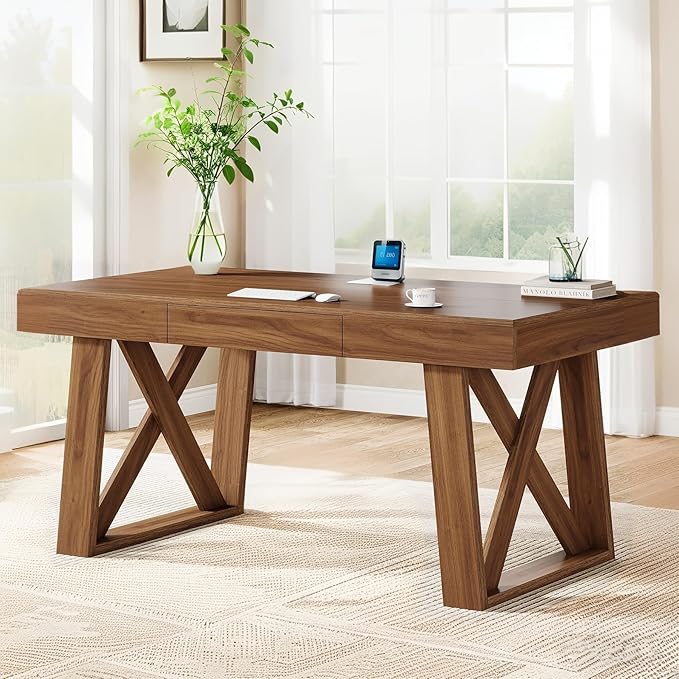Tribesigns 55 Inch Walnut Computer Desk with Drawer Mid-Century Farmhouse Executive Desk Rustic Wide Desktop Home Office Desk for Workstation