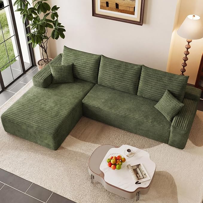 95 Modular Sectional Couch Boneless L Shaped Cloud Sofa with Chaise Lounge Corduroy Upholstered Couches Memory Foam Deep Seat No Assembly Required Ideal for Living Room(Green Left Facing)