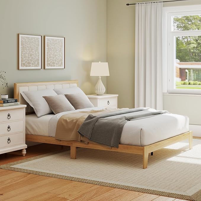 HOMCOM Queen Size Bed Frame with Upholstered Headboard Platform Bed Frame with Wooden Slats No Box Spring Needed Easy Assembly Natural