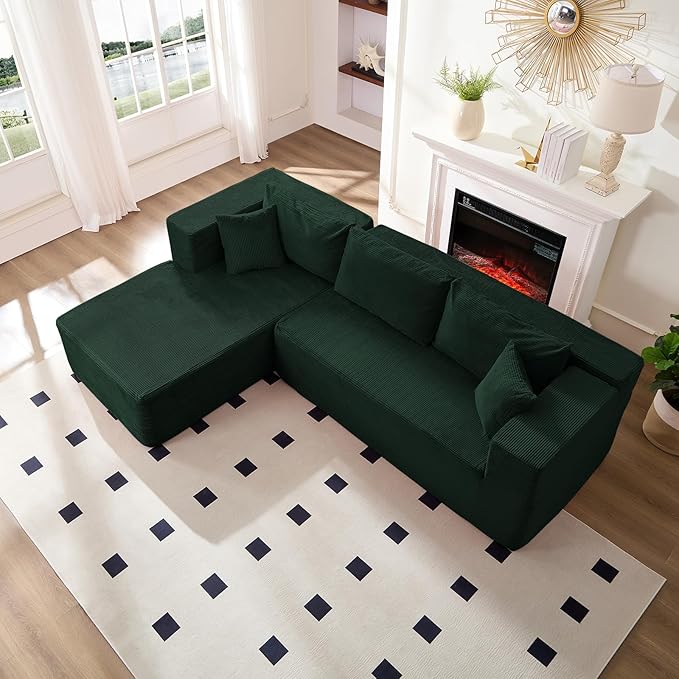 PUREMIND 106 Cloud Sectional Couch for Living Room Corduroy L Shape Sofa with Deep Seat Modern Green Couches Modular Boneless Foam Couch Corner Couches No Assembly Required