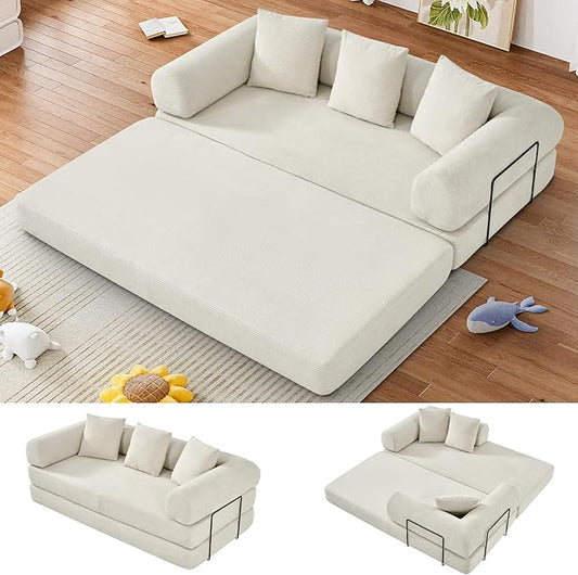 Convertible Sofa Bed Corduroy Memory Foam Compression Sofa Modular Floor Sofas with Pull-Out Bed Compressed Couch in Box Foldable Sleeper Couch Bed for Living Room Bedroom Lounge Beige White