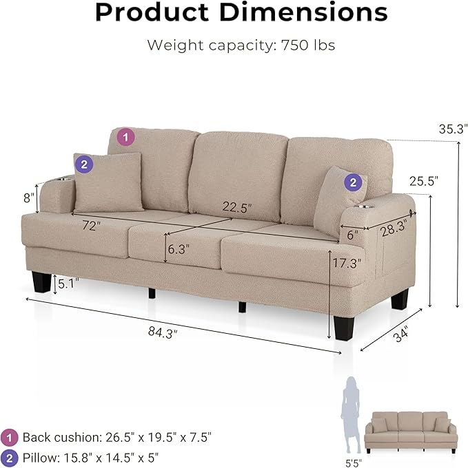 Homes: Inside + Out Reese Modern Plush Boucle Couch with Side Pockets Cup Holders and USB Ports Wooden Comfortable Sofa for Living Room Bedroom and Office Beige