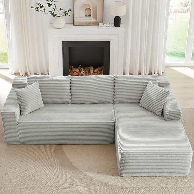 104 Cloud L Shape Couch with Chaise Modular Sectional Couches with Deep Seat Corduroy Sofas for Living Room Boneless Memory Foam Couch No Assembly (Light Grey Right Facing Chaise)