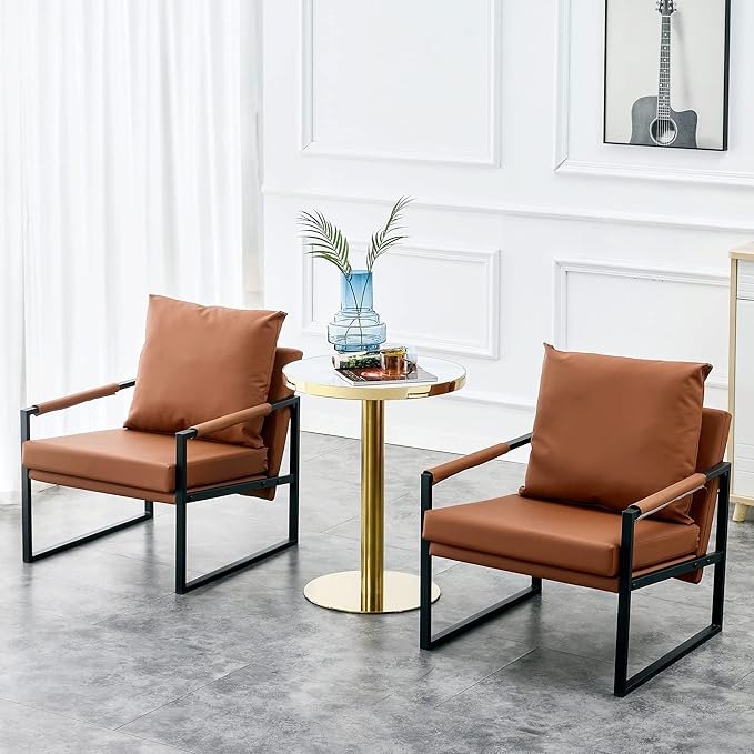 PU Leather Accent Arm Chair Mid Century Modern Upholstered Armchair with Metal Frame Extra Thick Padded Backrest and Seat Cushion Sofa Chairs for Living Room (Brown PU Leather Metal Frame Foam)