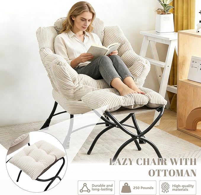 Bellemave Lazy Chair with Ottoman Lounge Accent Chair with Armrests and Side Pocket Leisure Upholstered Sofa Chairs with Footrest for Small Space Reading Chairs for Living Room Bedroom (White)