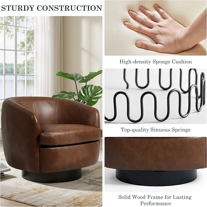 UIXE PU Leather Swivel Barrel Accent Chair Comfy Round Upholstered Armchair Reading Chair for Living Room Barrel Club Chairs Bedroom Brown