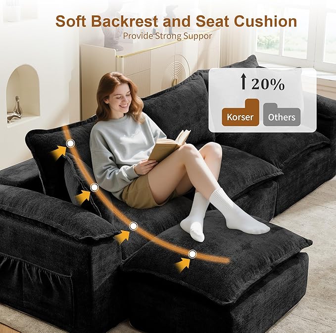 108 Sectional Couches for Living Room Modular Boneless Couch with Deep Seat &amp Fluffy Cushion Cozy Double-Layer Cushioned Sofa with Convertible Ottoman Comfy Cloud Sofa No Assembly Required