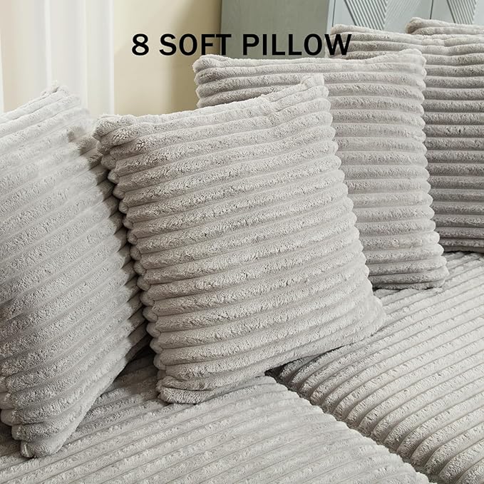 111 Inch Corduroy Sectional Couches for Living Room | L-Shaped Sectional Couch with 8 Pillows | Cloud Couch with Deep Seat | Solid Wood Frame Sofa Light Grey (Left Facing Chaise)
