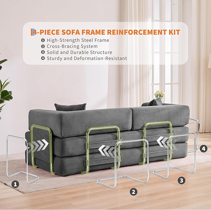 Convertible Sleeper Sofa Bed 78.8 Floor Sofa Bed 5-in-1 Folding Mattress Couch Loveseat with Fixed-Shape Frame Pillow Corduroy Fabric for Living Room Bedroom Lounge (Gray)