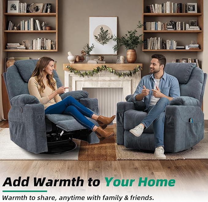 VIVIJASON Manual Massage Rocker Recliner Chair 360° Swivel Glider Lounge Chair with Heat Ergonomic Home Theater Recliner Sofa with 2 Cup Holders Side Pockets &amp USB Ports for Living Room Bluish