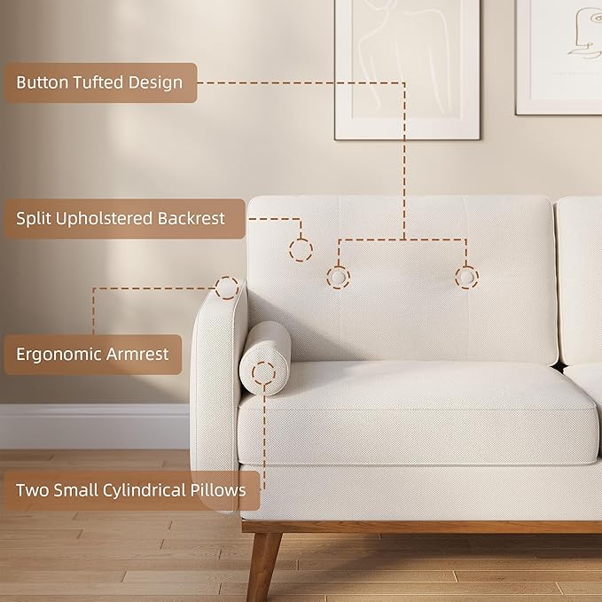 GarveeHome 65 in Loveseat Sofa Mid Century Modern Couch Comfy Love Seat Couches for Living Room 2 Seater Deep Seat Couch Linen Upholstered Couches for Bedroom Office Small Space Beige