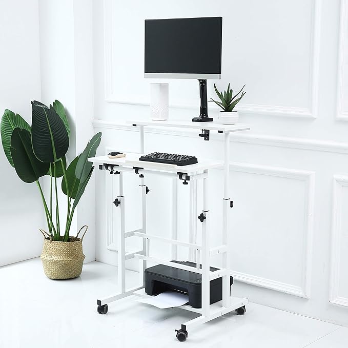 UNICOO Portable Standing Desk on Wheels Height Adjustable Mobile Workstation Versatile Sit-Stand Desk for Home Office (White Frame/White Top)