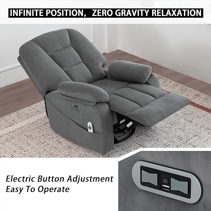 Power Swivel Rocker Recliner with Massage and Heat USB and Type-C Port Infinite Position Electric Glider Rocking Chairs Living Room Soft Fabric Reclining Sofa Chair (Velvet Grey)