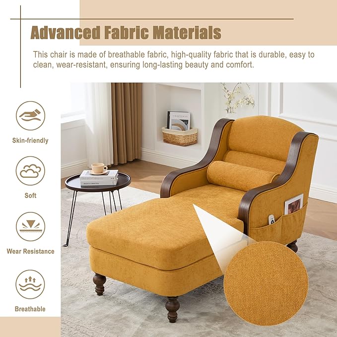 Upholstered Oversized Chaise Lounge Chair Solid Wood Frame Comfy Arm Chair with Thick Double-Layer Cushion Curved Armrests Modern Overstuffed Sleeper Recliner for Bedroom Living Room (Yellow)