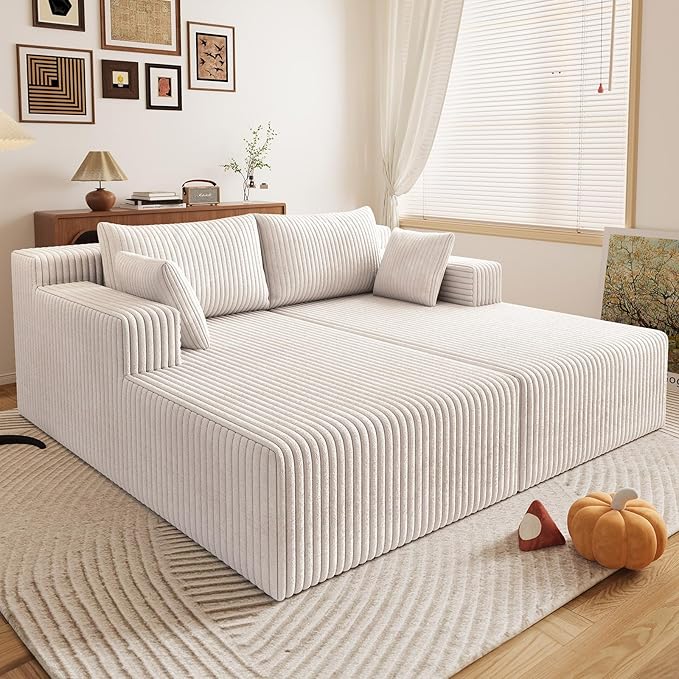 71Oversized Chaise Lounge ChairSectional Double Lounge Chaise with Pillows Upholstered Corduroy Boneless Lounge Chair Fluffy Modern Loveseat Sleeper Sofa for Living Room or Bedroom(White)