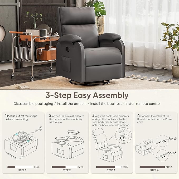 Homall Recliner Chair 360 Swivel Rocking Chair for Adults Massage Nursery Chair with Adjustable Backrest and Footrest PU Leather Glider Rocker Recliners with Side Pocket for Living Room (Grey)