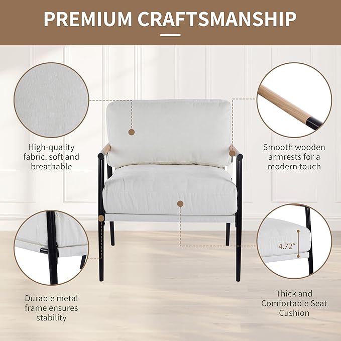 Christopher Knight Home Modern Fabric Accent Chair with Removable Cushions Metal Frame Minimalist Living Room Armchair Bedroom Comfy Reading Chair Beige