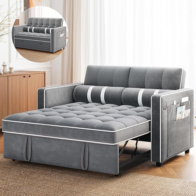 Amada 3 in 1 Convertible Sleeper Sofa Bed Futon Couches for Living Room with USB Ports &amp Side Pockets Adjustable Backrest Velvet Fabric Pull Out Couch Loveseat Sectional Sofa Bed(Grey)