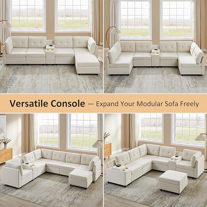 VANOMi 5 Seater Modular Sectional Sofa Convertible Modular Cloud Sofa Bed with Ottoman Comfy Chenille Sofas &amp Couches for Living Room Apartment Office White Sofa Bed