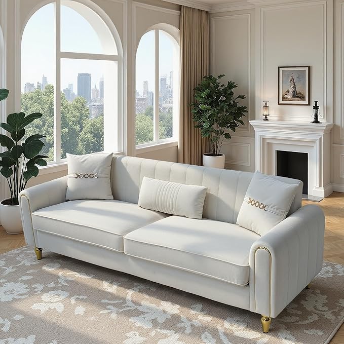 Modern 3-Seaters Velvet Sofa Upholstered Couch with Pillows and Gold Metal Legs for Living Room Office Apartment (Cream White)