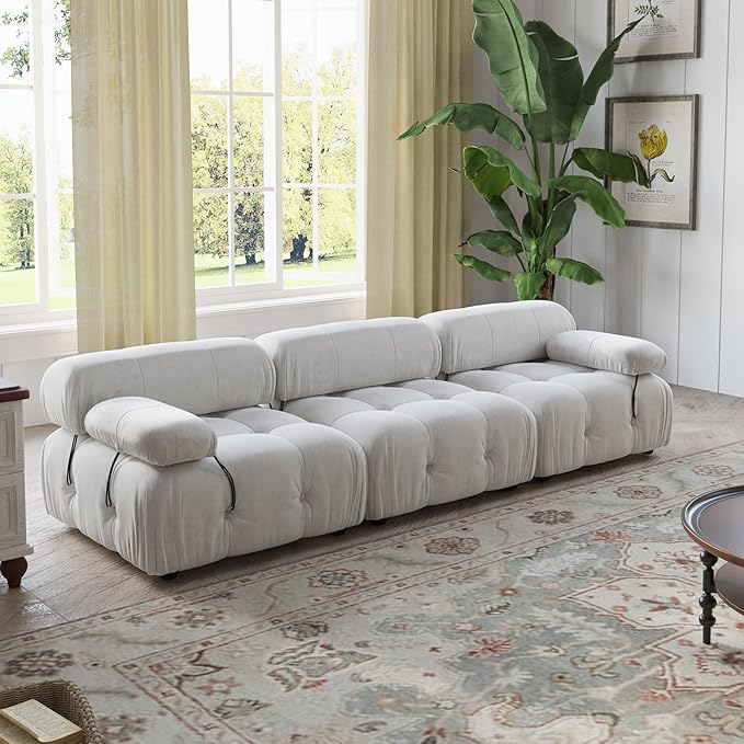 WJShome Modular Sectional Couch 103.95 inch Convertible Sofa Velvet 3 Seater Minimalist Couch for Living Room Modern Large Free Combination Sofa Beige