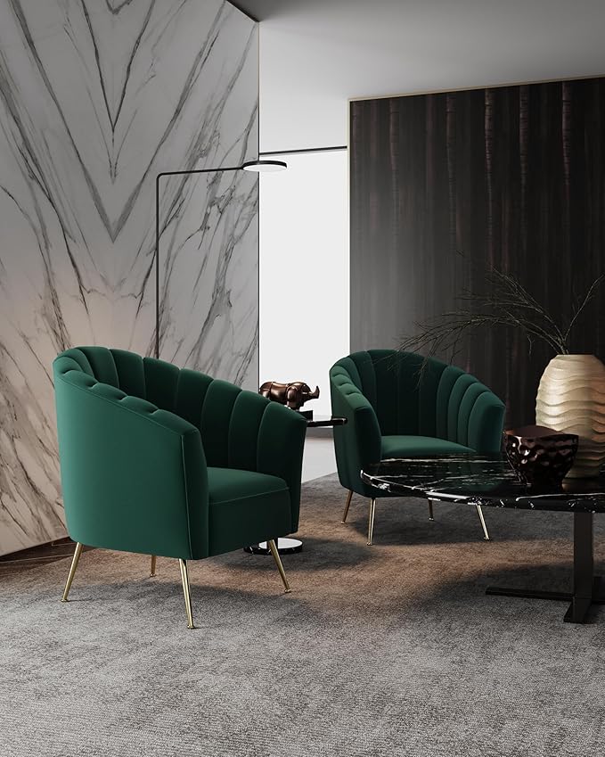 Manhattan Comfort Rosemont Velvet Accent Armchair Scalloped Chair with Mid-Century Modern Shell-Style with Wraparound Back Vertical Channeling Ideal for Living Room Use Set of 1 Green