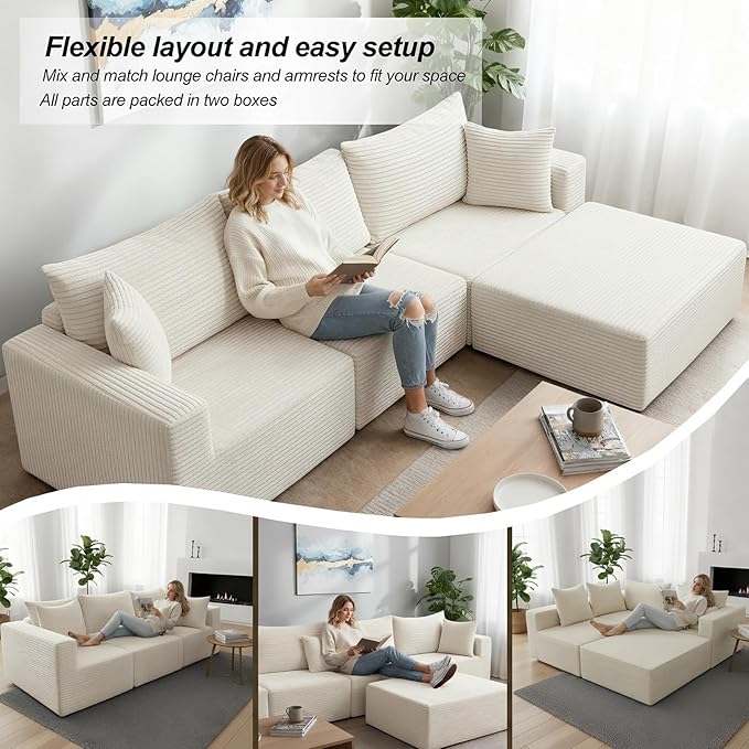 101 Modular Sectional Sofa L Shaped Boneless Couch with Moveable Ottoman Memory Foam Cloud Sectional Couch for Living Room or Apartment (White)