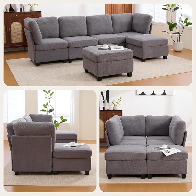 113 U Shaped Modular Sectional Sofa Couch with Storage Ottoman 6 Seat Convertible Upholstered Deep Seat Sleeper Sofa with Chaise Lounge Cloud Couch for Living Room Grey