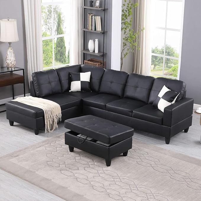 Leather Sectional Couch 105 Inch L Shaped Black Leather Sofa with Storage Ottoman 3 Piece Living Room Furniture Set with Tufted Pillows for Apartment Home Office