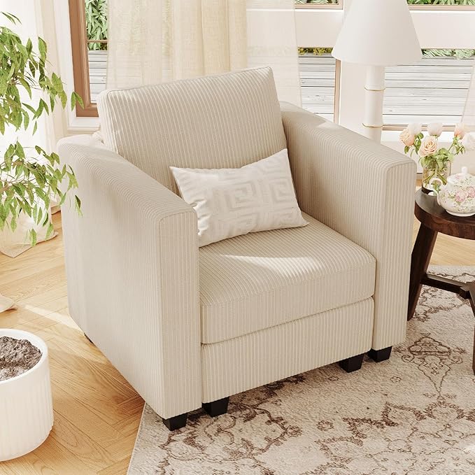 Belffin Corduroy Armchair Modular Arm Chair with Storage Modern Couch for Living Room Beige