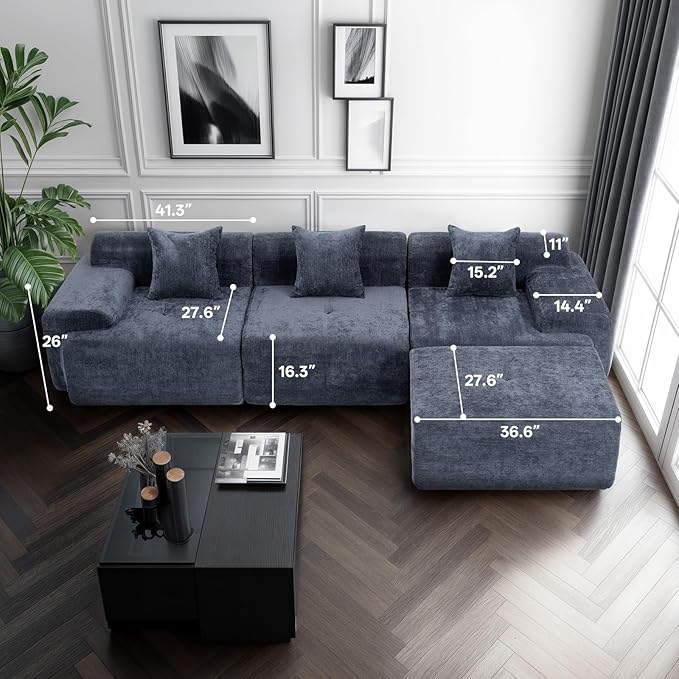 119’’ Modular Sectional Sofa Cloud Sectional Couch with Deep Seat Modern Modular Compression Sofa Couch with Chaise Upholstered Couches Throw Pillows for Living Room Bedroom Blue